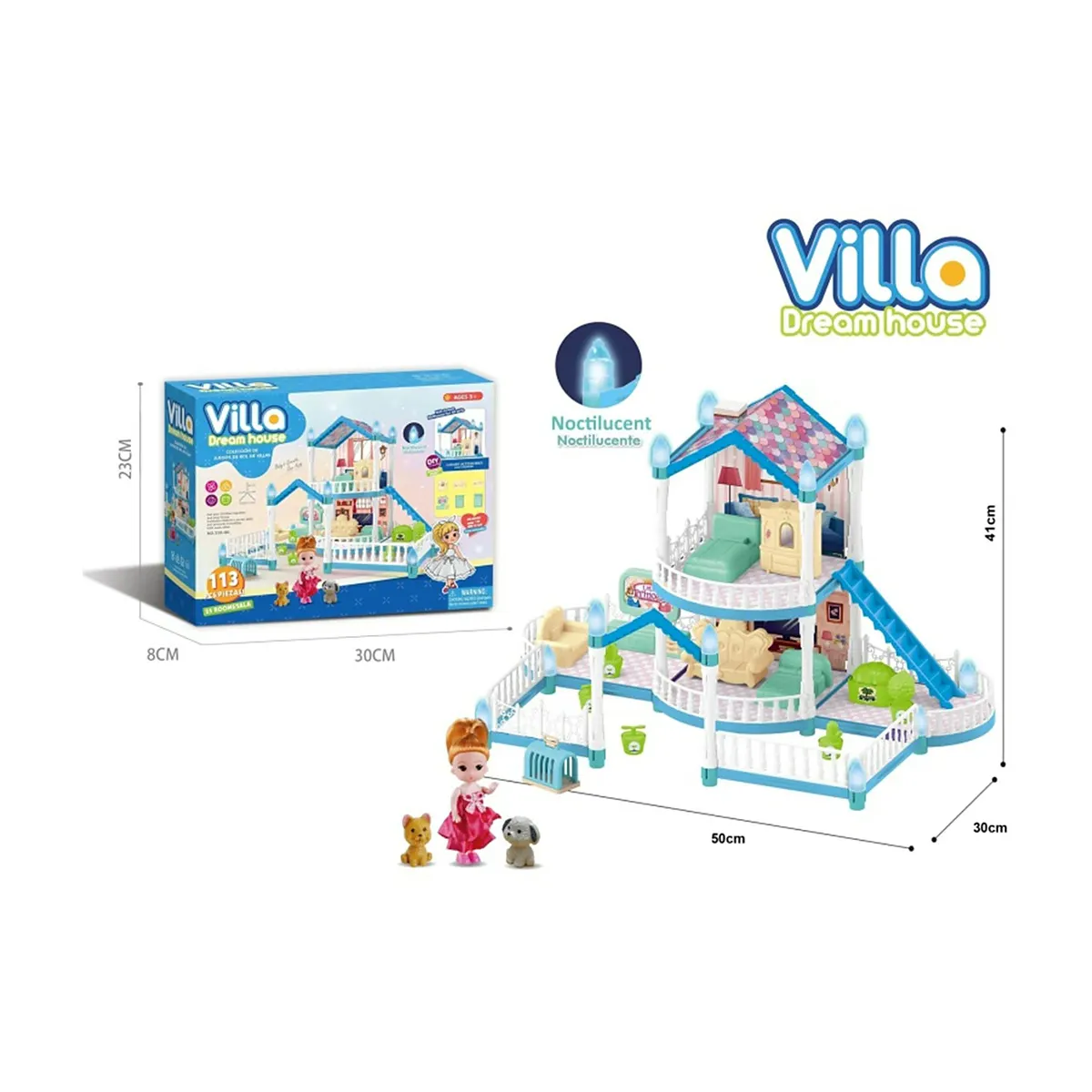 بيت دمى فيلا الأحلام المضيء Villa Dream House مع دمية وإكسسوارات 113 قطعة