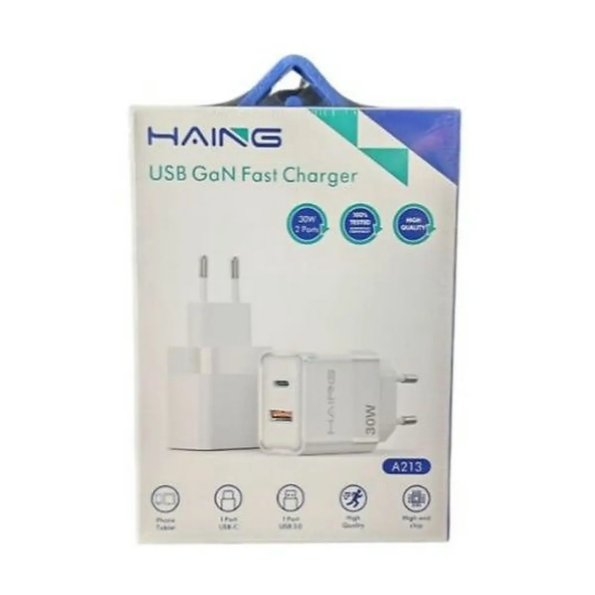 شاحن HAING GaN فائق السرعة بمنفذين USB بقدرة 30 واط