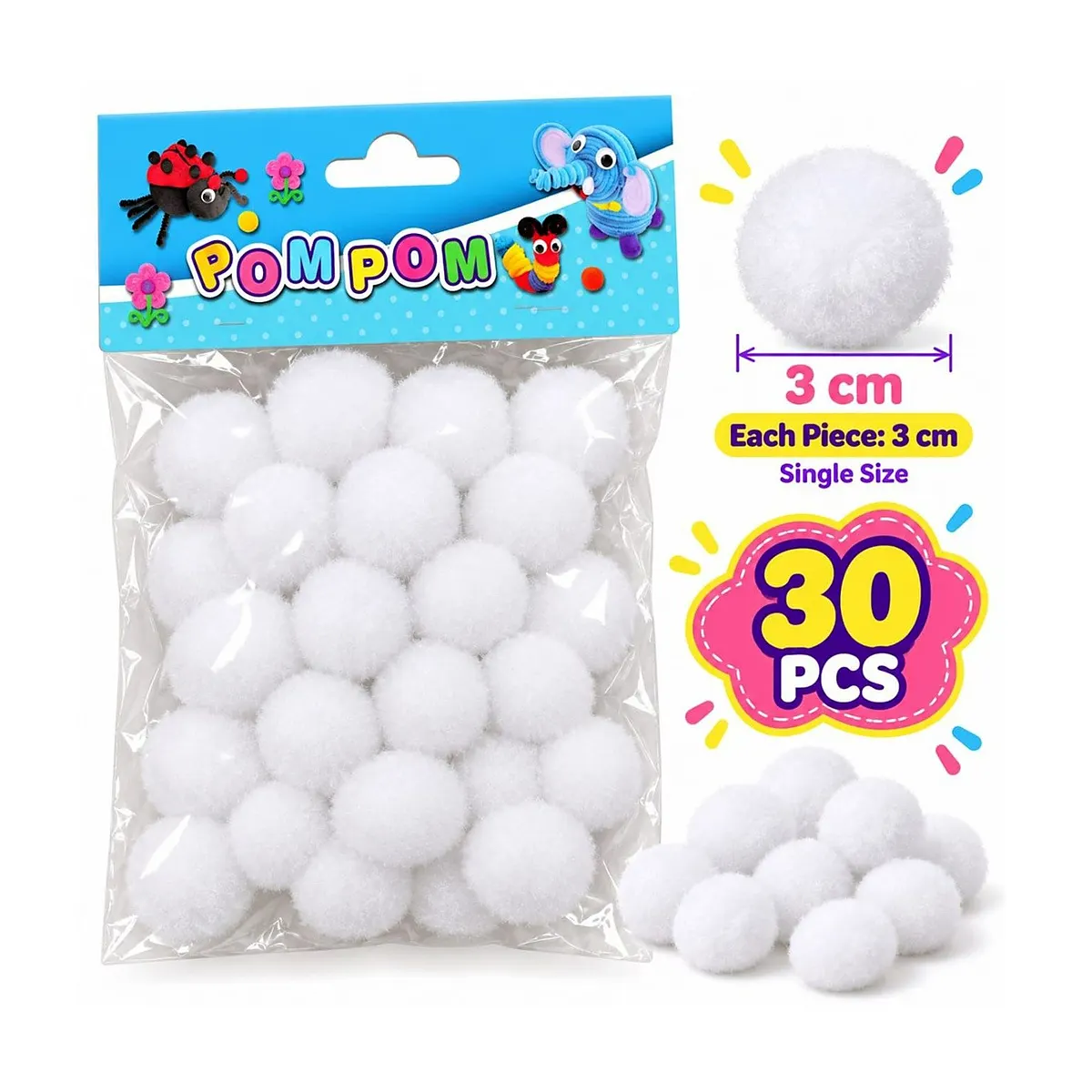 كرات بوم بوم بيضاء ناعمة للأشغال اليدوية والحرفية Pom Pom مقاس 3 سم (30 قطعة)