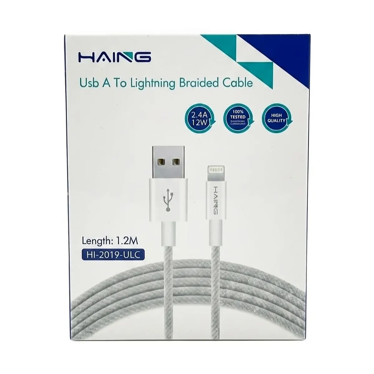 سلك كابل شحن قماش مضفر يو إس بي إلى لايتنينج هاينج موديل Haing HI 2019 ULC بطول 1.2 متر بقوة 2.4A 12W