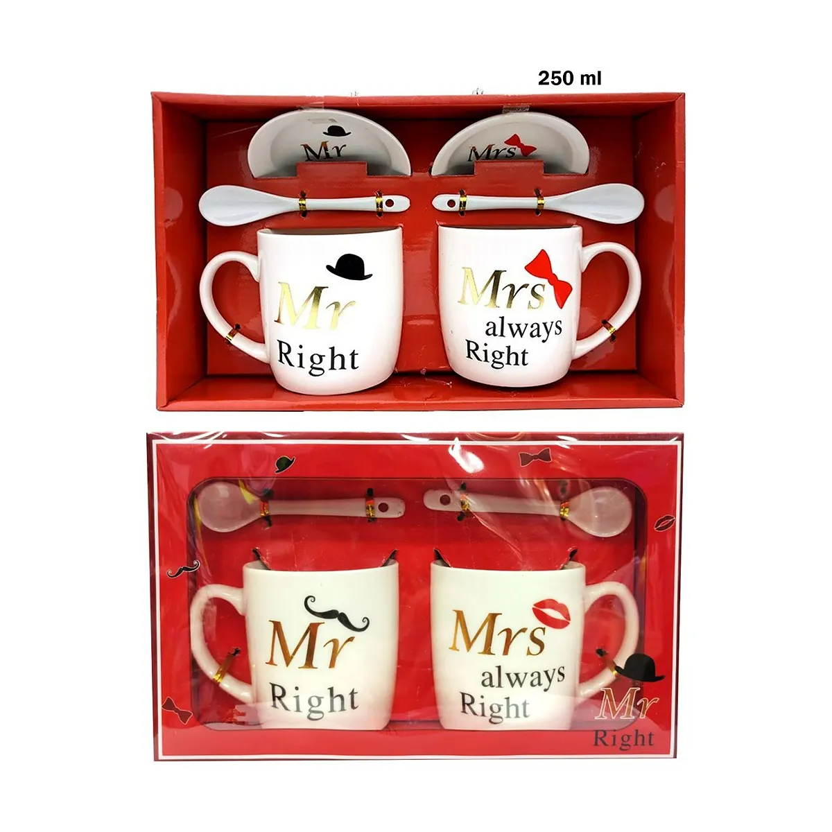طقم أكواب قهوة Mr & Mrs – سعة 250 مل مع ملاعق وصحون