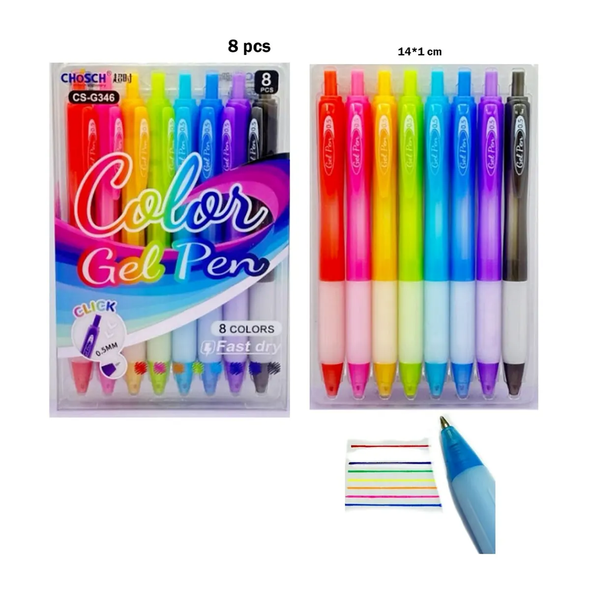 أقلام جل ملوّنة Chosch CS-G346 – 8 ألوان سريعة الجفاف