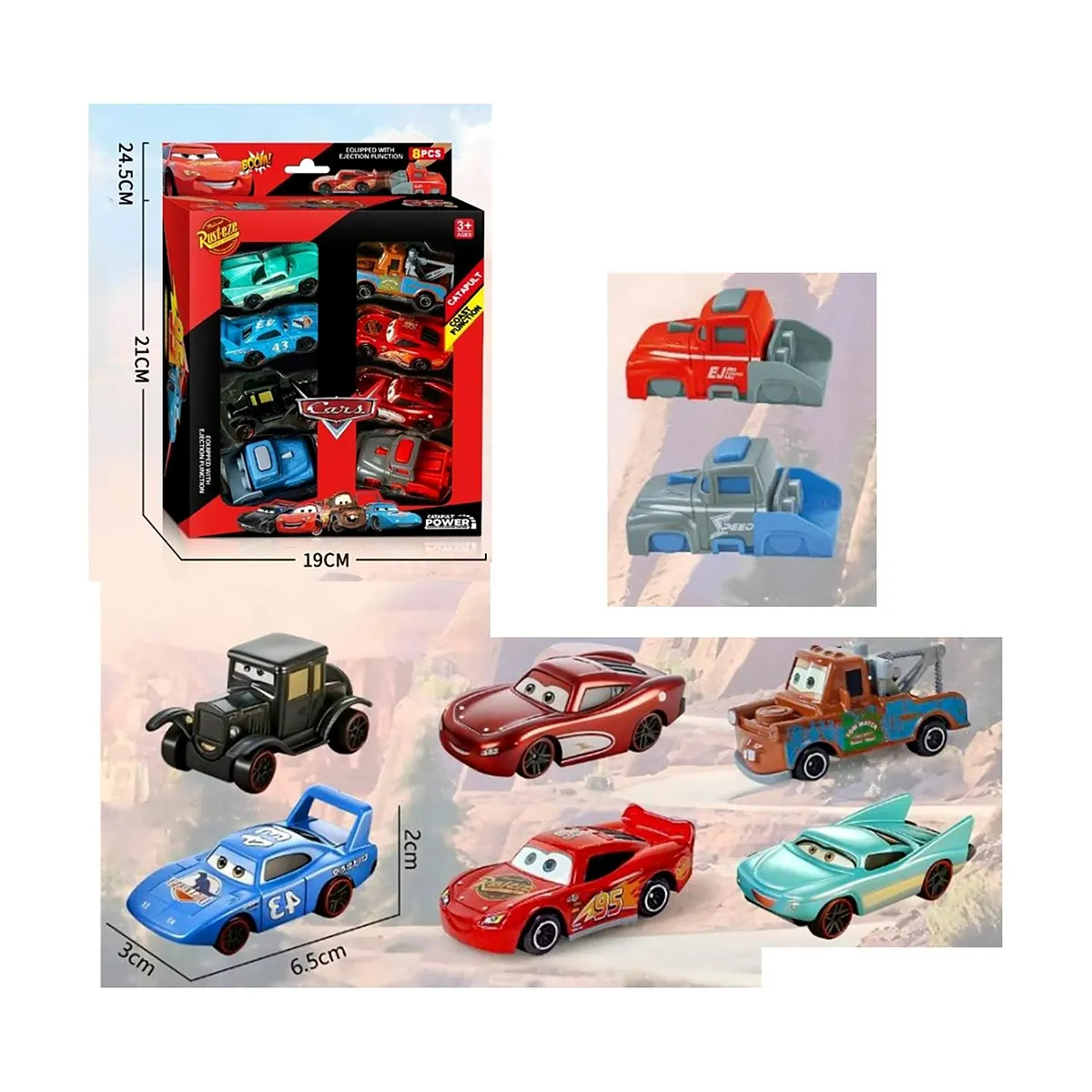 طقم سيارات سباق كرتونية مع منصتي إطلاق 8 قطع Cars