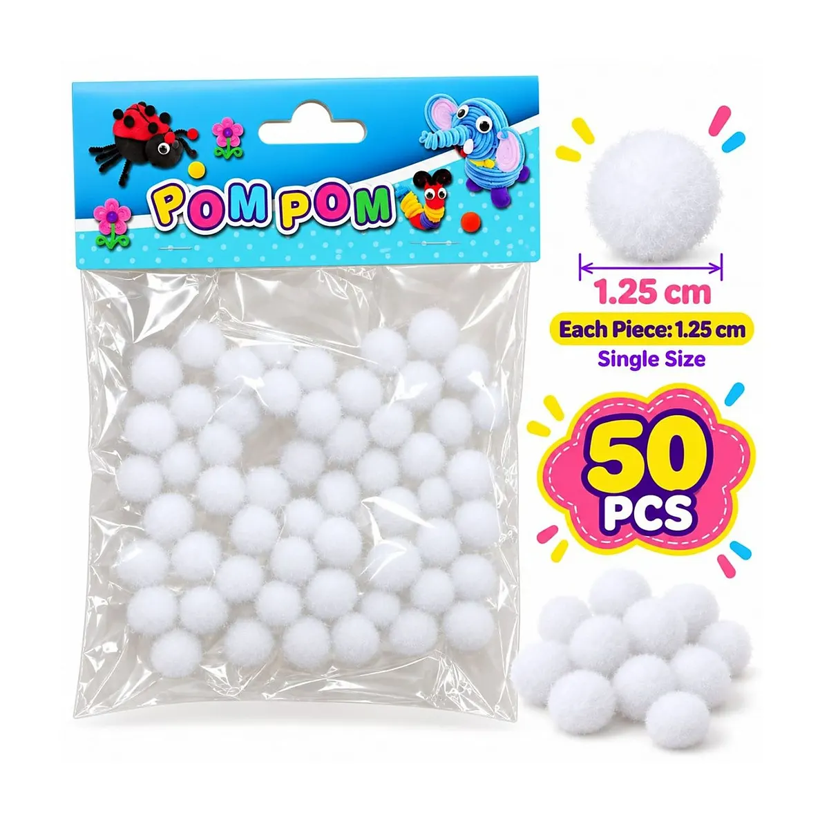 كرات بوم بوم بيضاء ناعمة للأشغال اليدوية والحرفية Pom Pom مقاس 1.25 سم (50 قطعة)